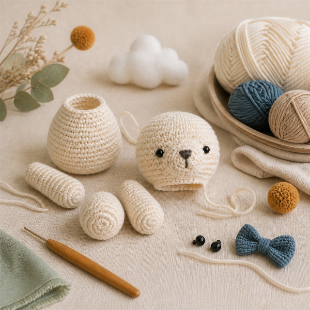 Amigurumi em construção com fios, agulha, olhos, nuvem e laço de croché